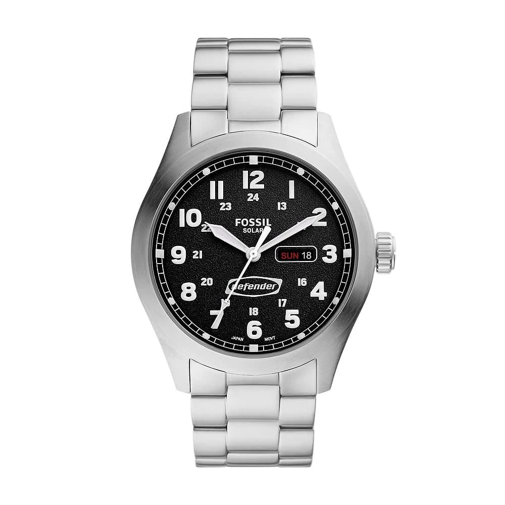 Fossil Defender Watch for Men, Solar Powered Three Hand Date with Stainless Steel or Leather Strap