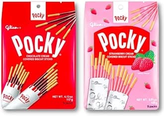 UNHA'S ASIAN SNACK BOX Pocky Sticks, Family Pack, 2 Packs Variety Pack of Chocolate and Strawberry Cream Covered Biscuit, 9 Count Per Pack, Japanese