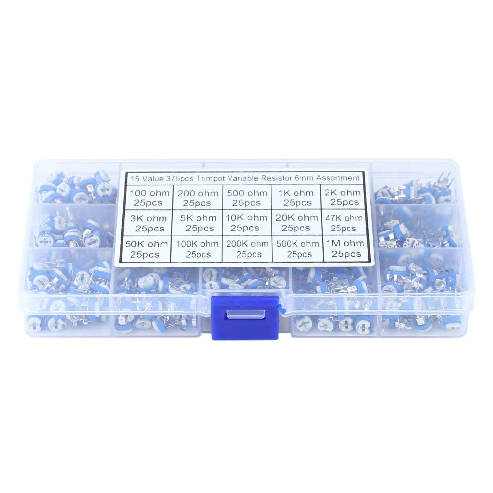 Walfront 375Pcs 15 Values Potentiometer, Variable Resistor Assortment Kit with Box, for Consumer Electronics, Automobile