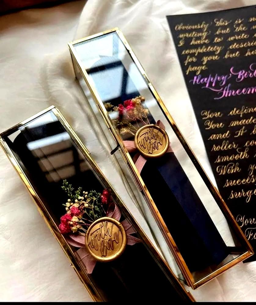 Glass Gold Scroll Box For Wedding Invitations, Giveaway Gift Box 9X2.1X2 .1 Inches (23X5X5 Cm, Pack Of 1)
