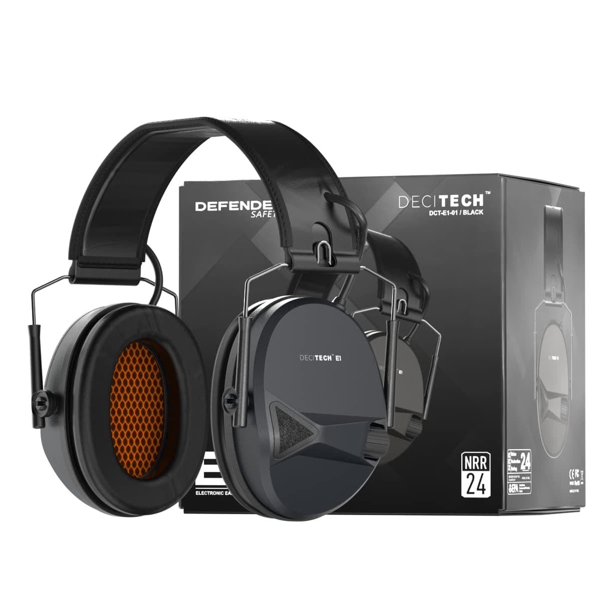 Defender Safety Decitech E1 Electronic Active Hearing Protection, Shooting, Range, Hunting, Tactical Earmuffs, 24 NNR Rated.