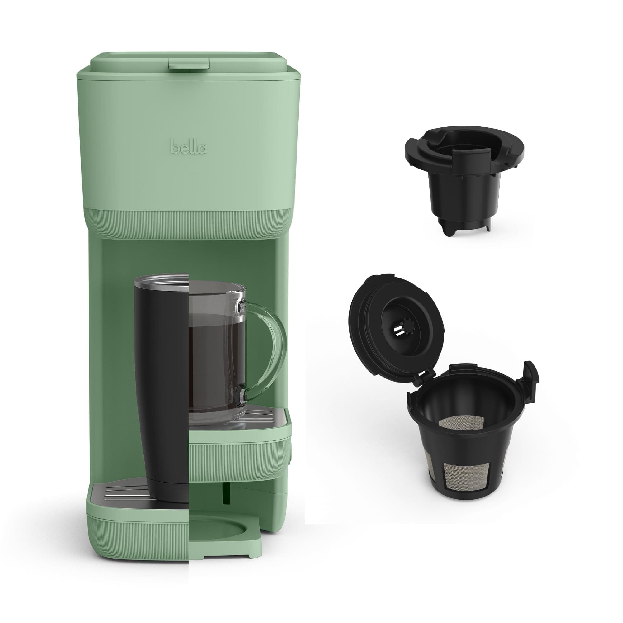 BELLA Single Serve Coffee Maker, K Cup & Coffee Ground Compatible with Removable, Adjustable Drip Tray, Auto Shutoff & Reusable Dishwasher Safe Accessories, Brews 6oz to 14oz, 1000 Watt, Seaglass