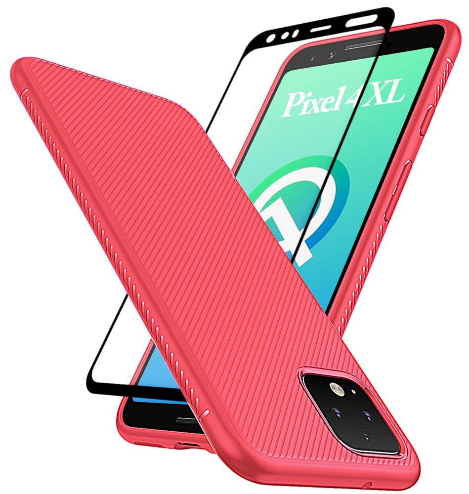 Huness Google Pixel 4 XL Case with Tempered Glass Screen Protector Scratch Resistant Anti Slip Grippy Soft TPU Case for Google Pixel 4 XL Phone (Red)