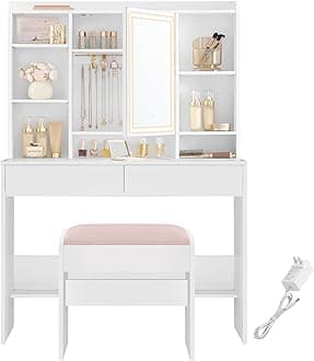 VASAGLE Vanity Desk with Mirror and Lights, Makeup Vanity with Upholstered Vanity Stool, Dimmable LED Lights, Adjustable Shelves, 7 Compartments, 2 Drawers, for Bedroom, Cloud White URDT131W01