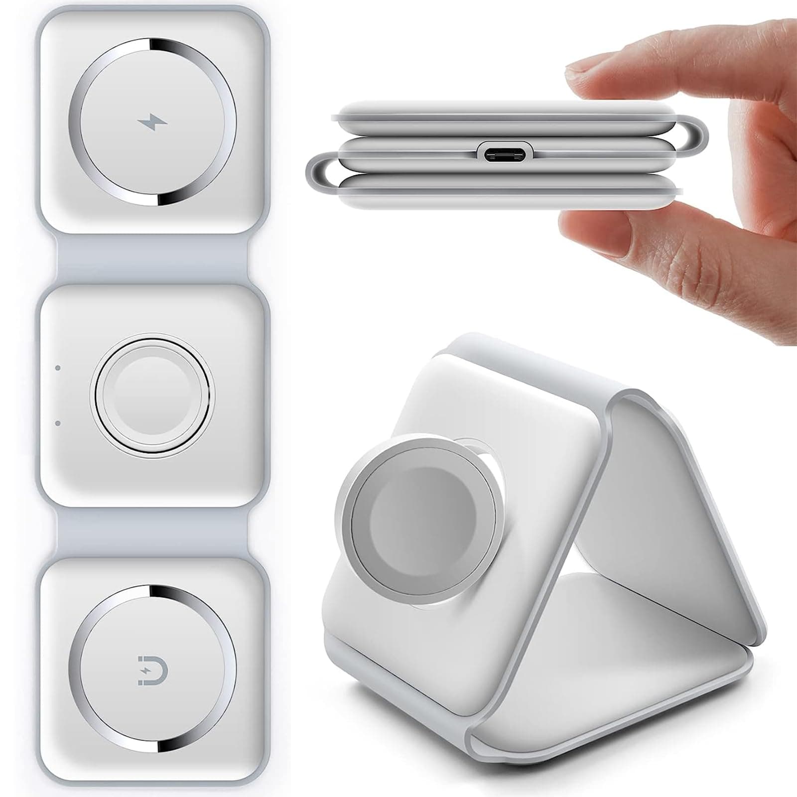 mione Wireless Charger Foldable 3 in 1 Magnetic Fast Wireless Charging Pad Station Charger Travel Charger for Multiple Devices for iPhone 14/13/12 Series, AirPods 3/2/Pro, iWatch