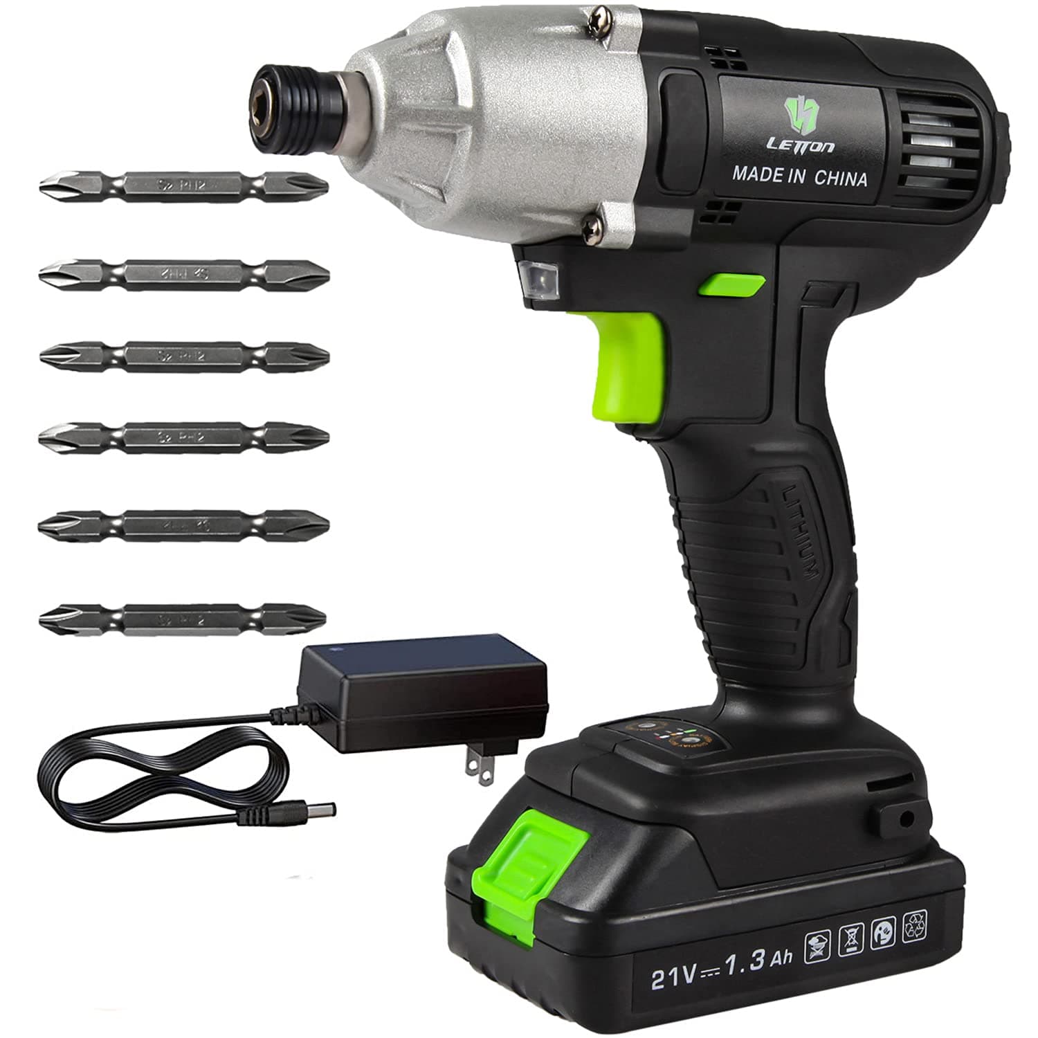 Letton Power Impact Driver Kit 21V Lithium Ion,1/4" All-metal Hex Chuck,0-2800RPM Variable Speed, 1.3 Ah Battery and Charger Included, 320N.m/2832 in-lbs with 6 Piece Drive Bits