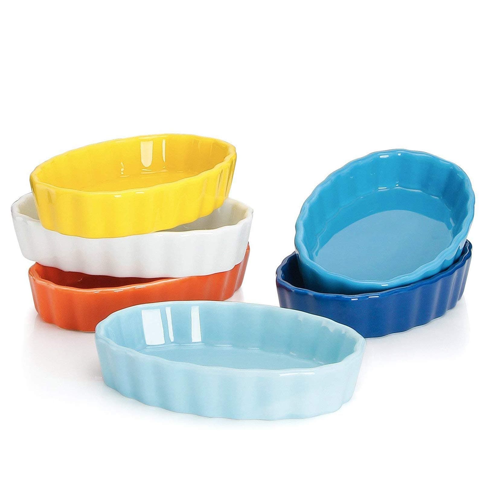 Sweese 504.002 Porcelain Ramekins Oval Shape - 4 Ounce for Creme Brulee - Set of 6, 4.7 x 3.2 x 1 Inch, Hot Assorted Color