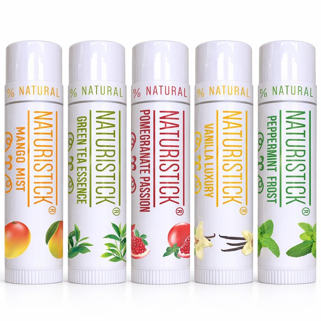 5-Pack Lip Balm Gift Set by Naturistick. Assorted Flavors. 100% Natural Ingredients. Best Beeswax Chapsticks for Dry, Chapped Lips. Made in USA for Men, Women and Children