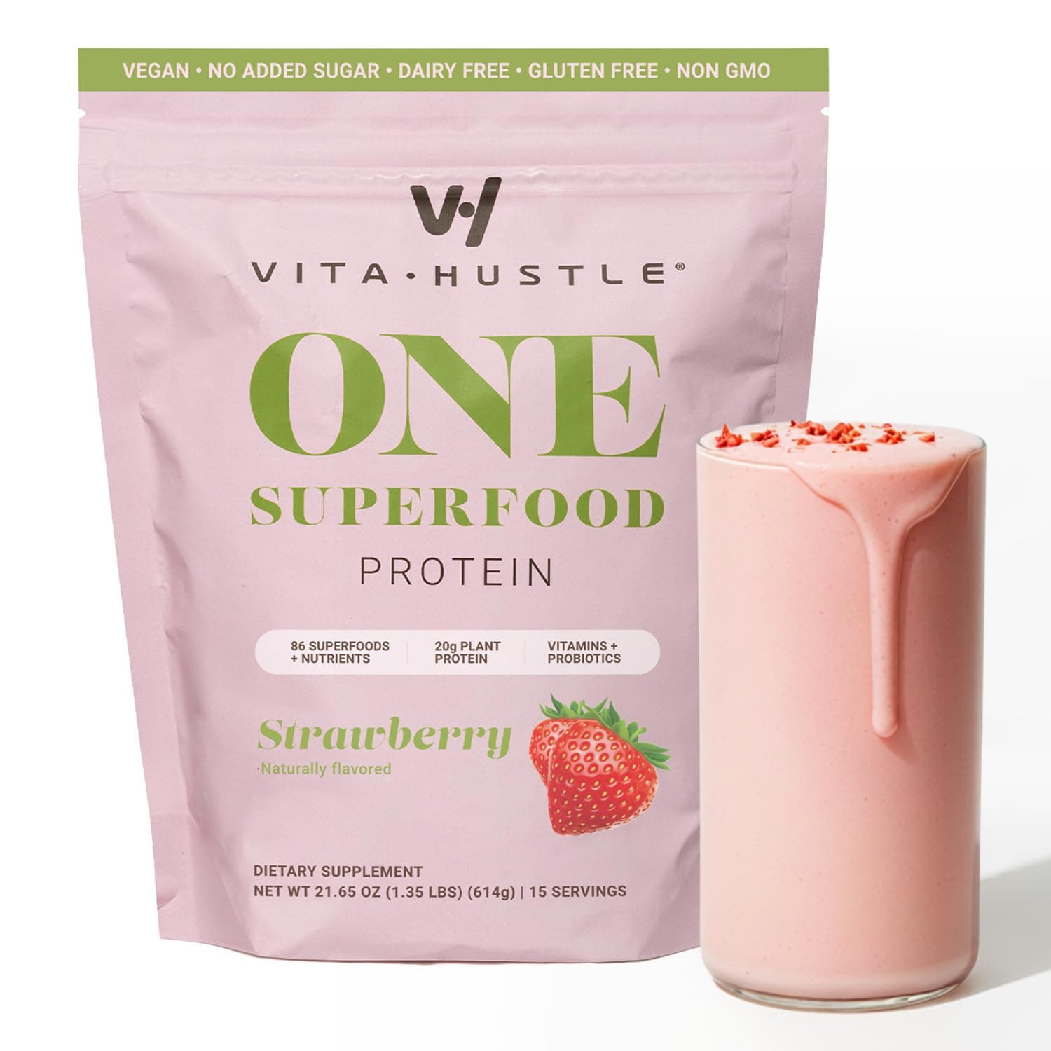 VitaHustle ONE Vegan Strawberry Protein Powder - 20g Plant Protein Meal Replacement with 86+ Superfoods & Greens, Probiotics + No Bloat Digestive Blend - Dairy Free, Gluten Free (15 Servings)