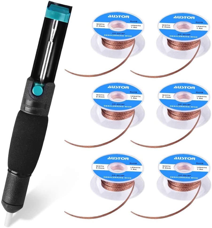 Desoldering Sucker and 6 Pcs Solder Braid Wick (2.0mm/2.5mm/3.0mm Width, 1.5m Length) with Flux - Desoldering Vacuum Pump Solder Removal Tool