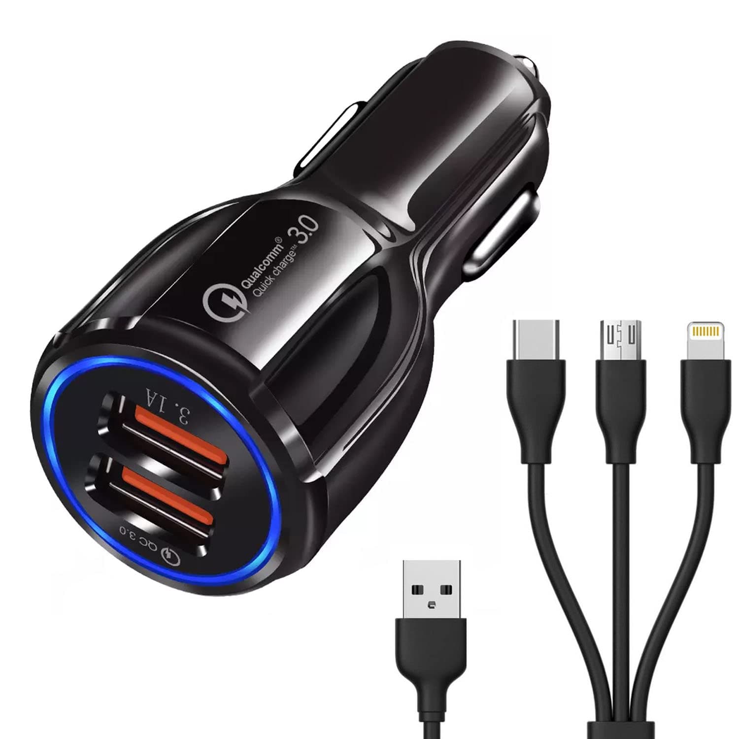 Car Charger for Zen Admire Thrill Car Charger Adapter Socket Dual USB Port | Quick Metel Mobile Car Charger with 3-in-1 (Micro/Type-C/iPh) Fast Charging Cable (3.1 Amp, BMQC-5)