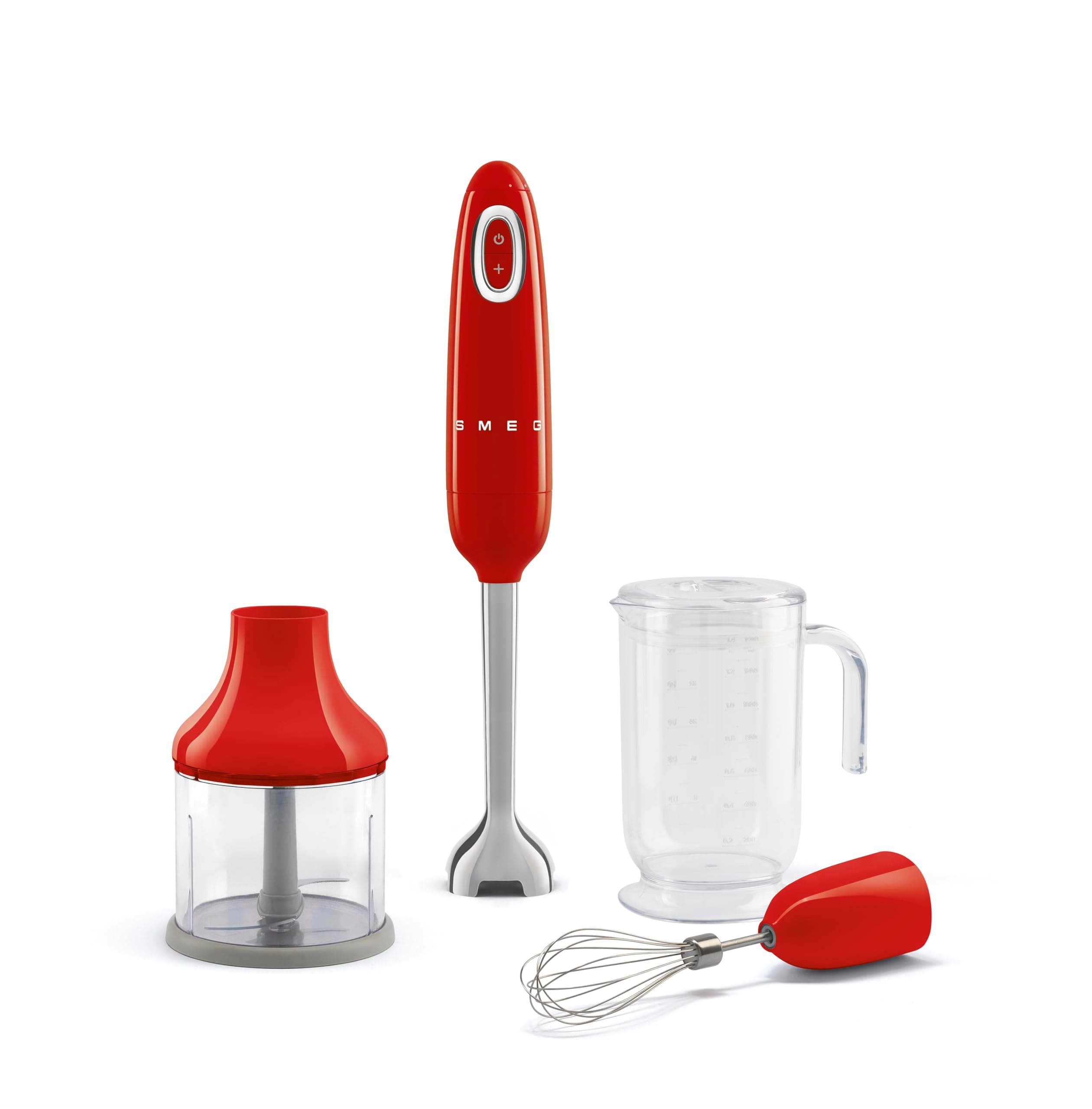 Handheld Immersion Blender with Beaker, Chopping Bowl w/Lid, Wire Whisk, 5 Speed Controls, made with Stainless Steel Blades and Ergonomic Design (Red)