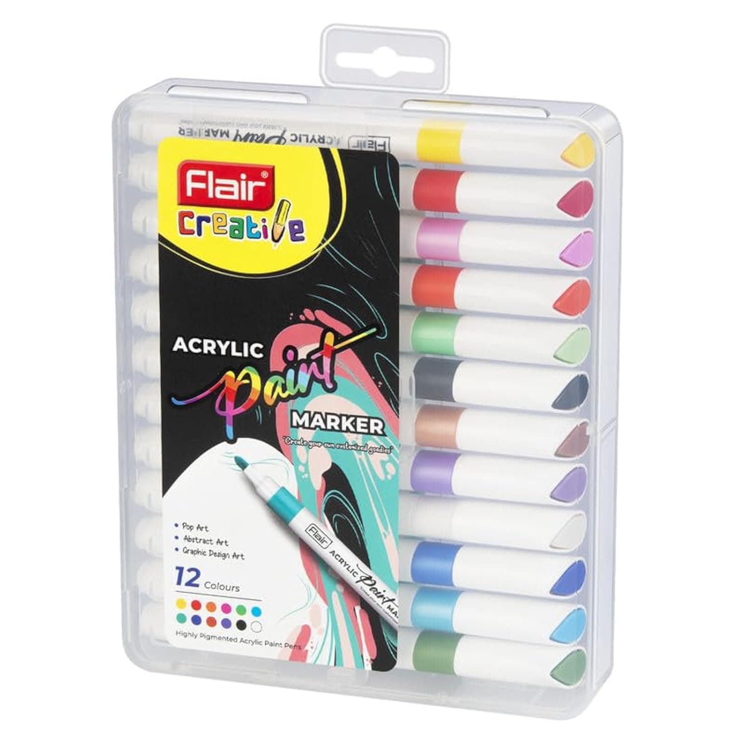 FLAIR Creative Pigmented Acrylic Paint Pen Set | Provides Excellent Coverage | Ideal For Use Rocks Painting, Wood, Canvas, Ceramic, Scrapbooking, DIY Crafts | 12 Shades Pack