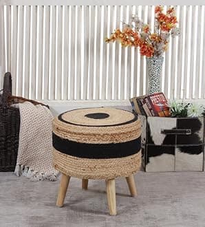 Jute Pouffes Sitting Stool for Living Room Puffy Wooden Ottoman Stools Cotton Knitted Poufe Furniture Footrest Pouf Footstool for Office Home Decor, 42x42x43Cm, Jute Black Dot