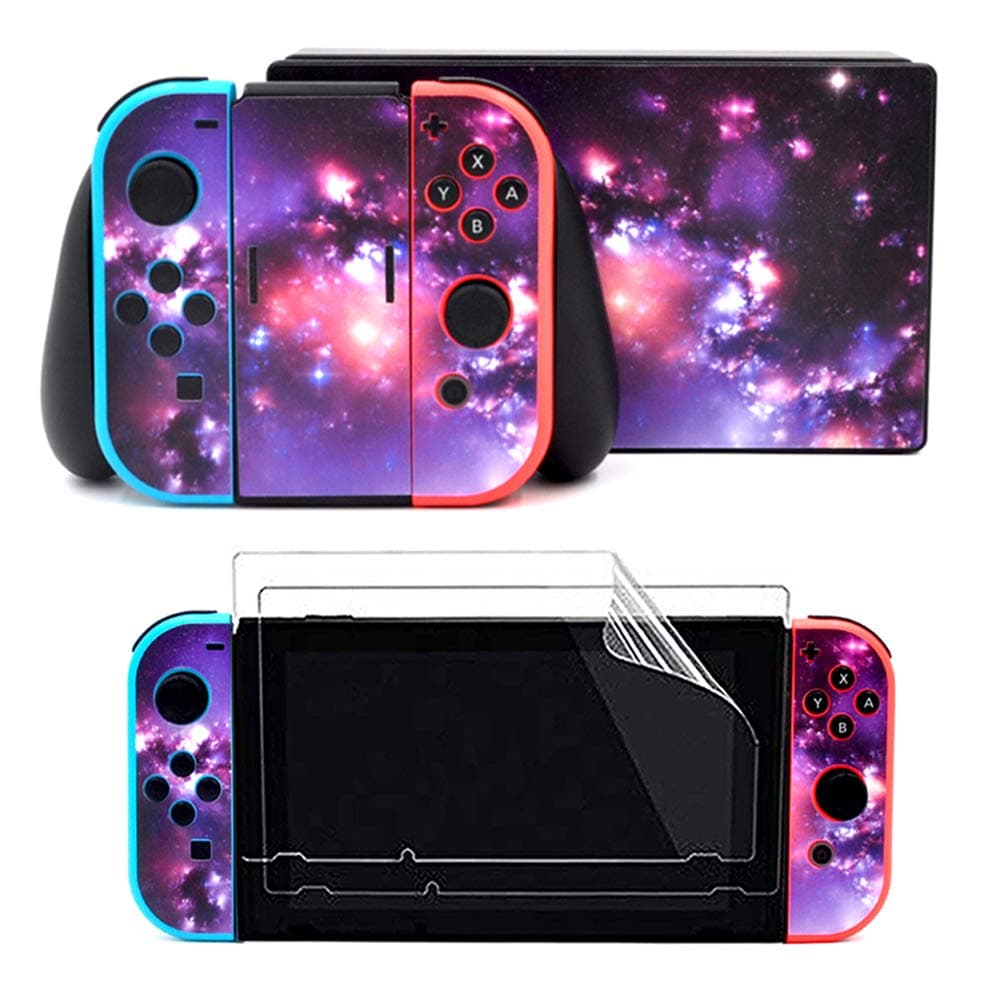 Taifond Decals Stickers Set Faceplate Skin +2Pcs Screen Protector for Nintendo for Switch Console & Joy-Con Controller & Dock Protection Kit (Purple Spark)