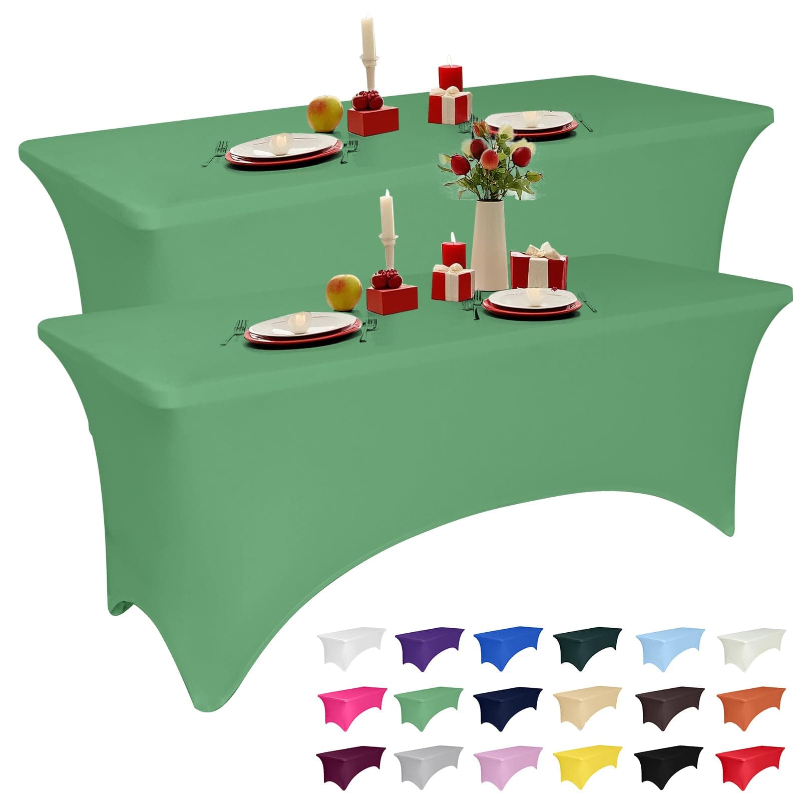 2 Pack 6 Feet Emerald Green Spandex Tablecloth for Tables, Fitted & Stretch, Washable, Wrinkle Resistant, Perfect for Event, Wedding, Party, Banquet, Cocktail, Festival, and Table Protector