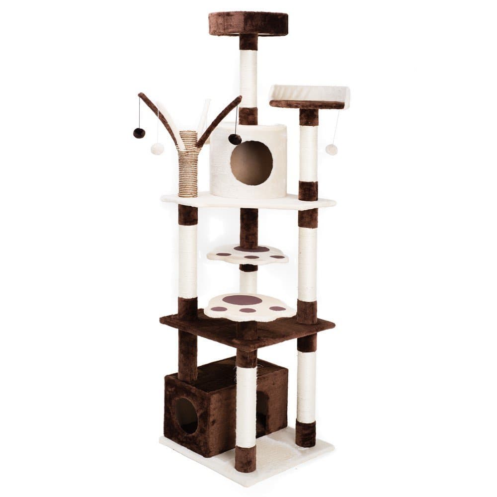 XSTIGER 72" Modern Cat Tree Furniture Tower Climbing Tree with 2 Condos and Toys (Brown/Beige)