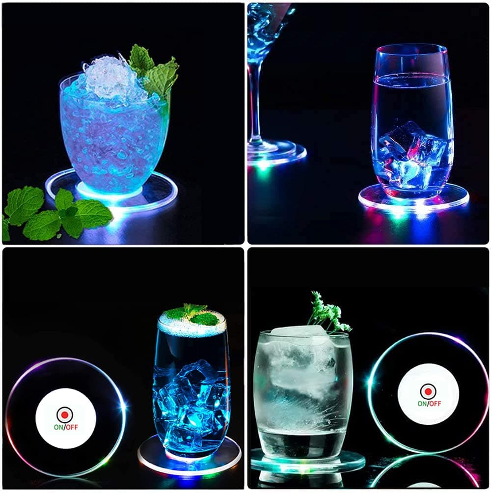 6 PCS Colorful LED Cocktail Coaster, Ultra-Thin LED Drink Coaster Luminous Coaster, Non-slip & Waterproof Transparent Beer Beverage Coasters with 6 PCS Extra Batteries for Club Bar Party Wedding Decor
