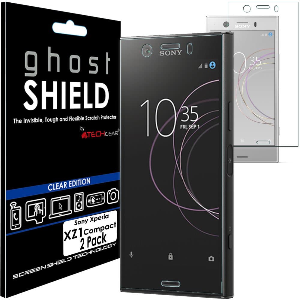 TECHGEAR [2 Pack] Screen Protectors to fit Sony Xperia XZ1 Compact [ghostSHIELD Edition] Genuine Reinforced Flexible TPU Screen Protector Guard Covers with Full Screen Coverage inc Curved Screen