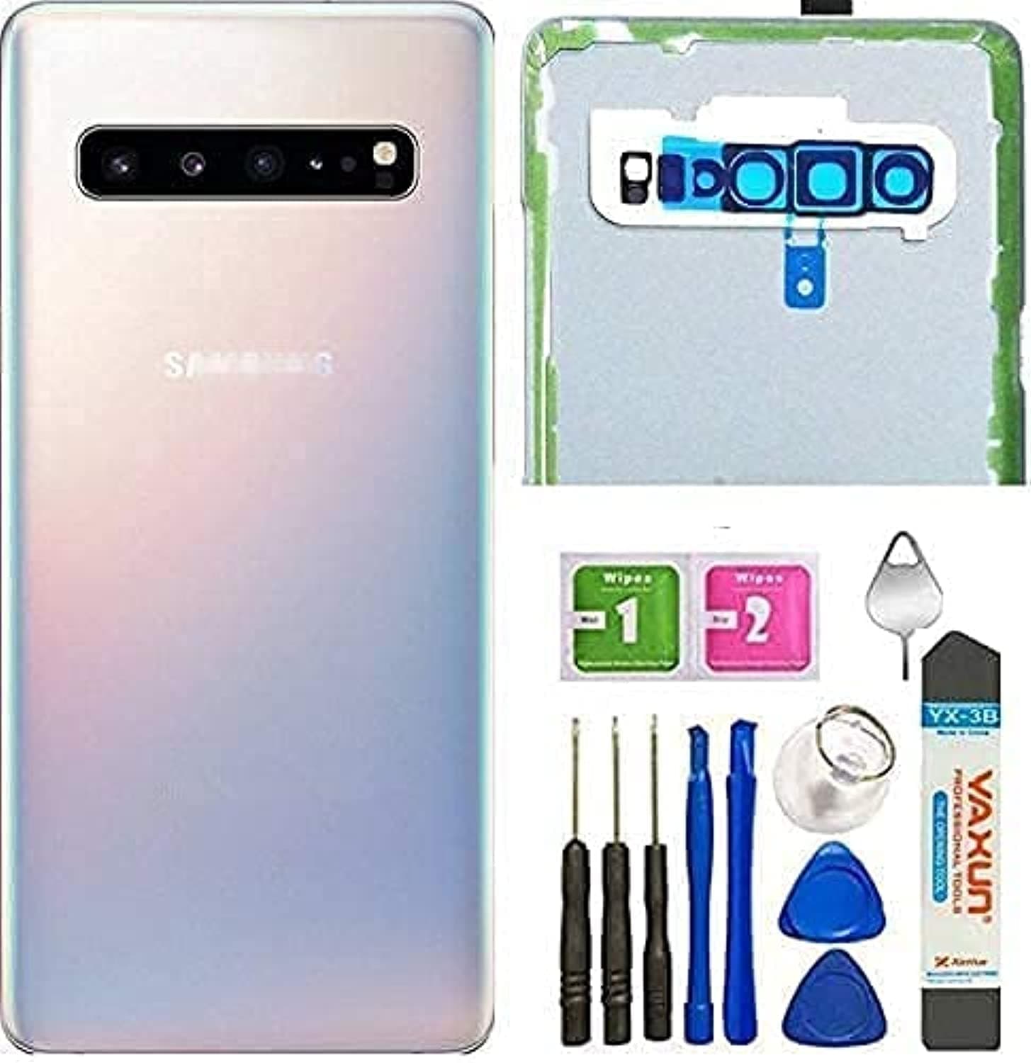 Galaxy S10 5G Cover Back Glass Replacement Camera Frame Lens Parts for Samsung Galaxy S10 SM-G977U G977N 5G Back Cover Glass Door Housing + Tools (Crown Silver)