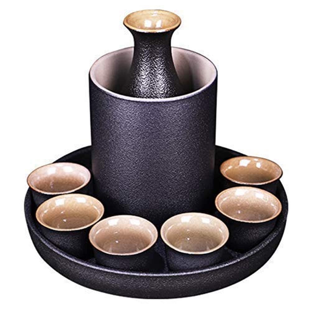 MIRUIKE Sake 9-Piece Set Japanese Sake Cup Set with Warmer Black Ceramic for Home