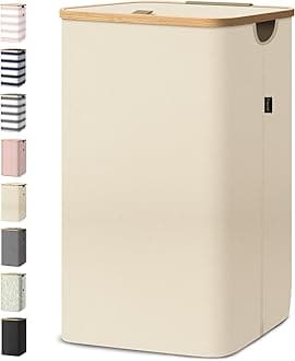 Laundry Hamper with Lid, Tall Laundry Baskets with Bamboo Pull Handles, Large Laundry Bin with Internal Support (26 Gal/100L, Beige)