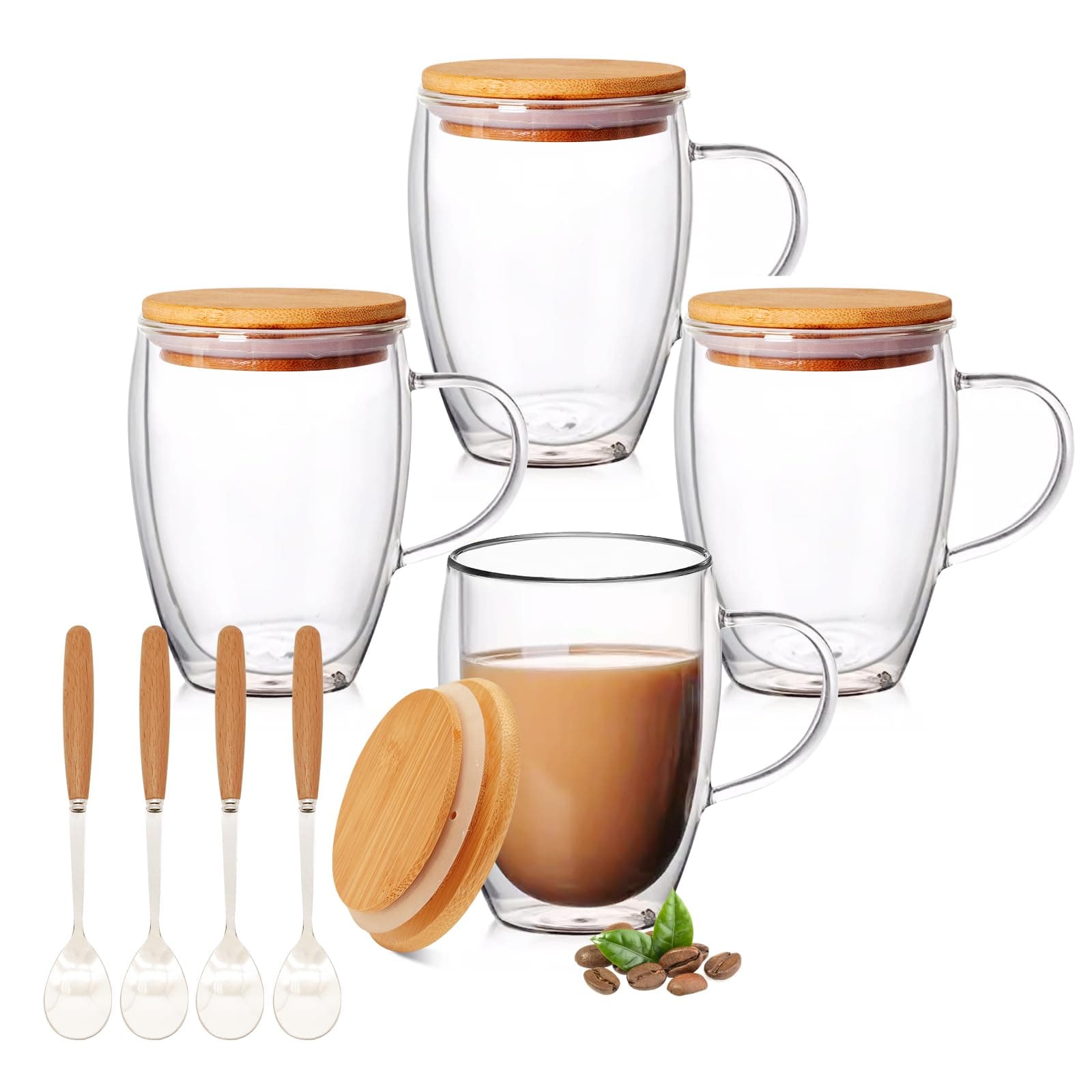  4 Pack 12oz Double Walled Glass Coffee Mugs with Bamboo Lid/Spoon, Espresso Mug Cups with Handle, Cappuccino Latte Glass Cups, Borosilicate Glass Clear Mugs for Hot Beverages