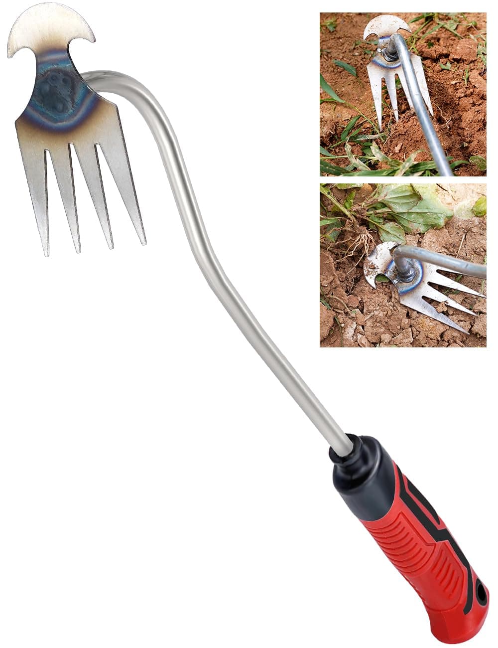 wohohoho Artifact Uprooting Weeding Tool, 16 Inch Rubber Handle Long Hand Weeder, 4 Teeth Manganese Steel Forged Gardening Hand Weeder Tools, Seniors Best Garden Tools for Vegetable Gardening&Weeding