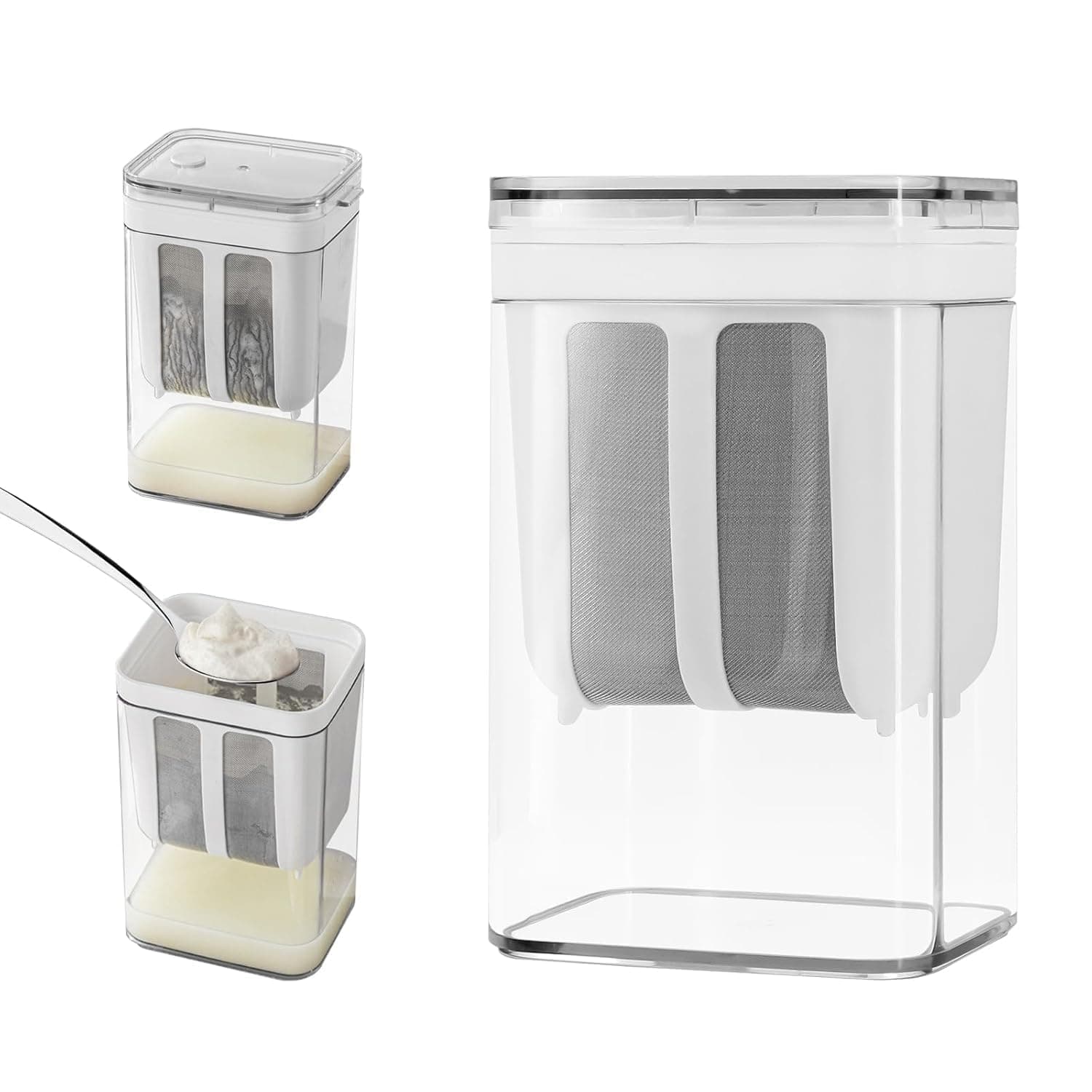 Greek Yogurt Strainer, 1100ml Multi Yoghurt Maker Strainer with Fine Mesh Bag & Lid for Thick Greek Yogurt, Soybean Milk, Kefir, Berries, Soup, Fruit Juice, Coffee (Off White)