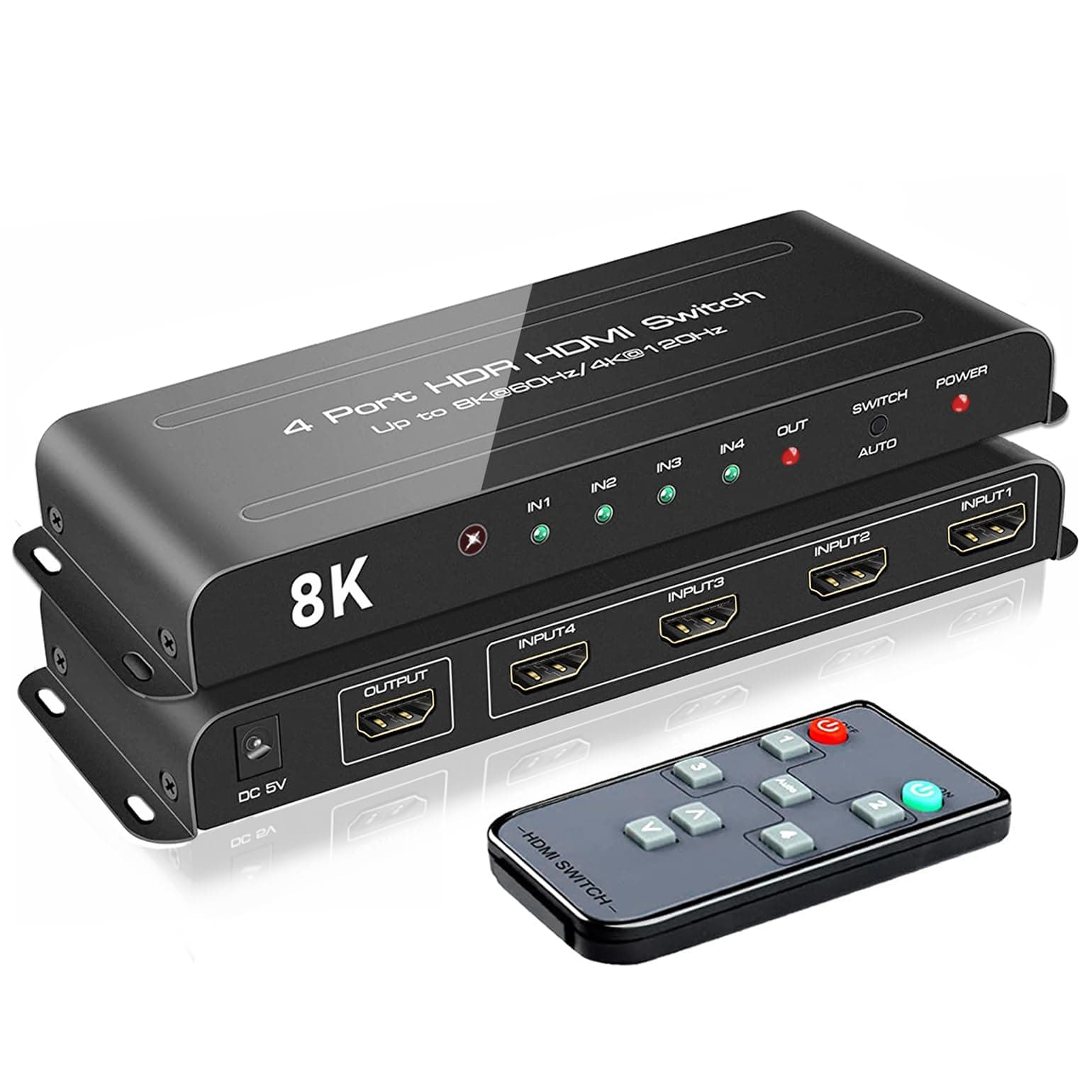 4 Ports 8K HDMI 2.1 Switch 4 in 1 Out 8K@60Hz 4K@120Hz HDMI Switcher Selector with Remote Support 48Gbps HDR 10+ Dolby Vision/Atmos HDCP 2.3 CEC for PS5 4 Pro Xbox Apple TV Game PC Roku