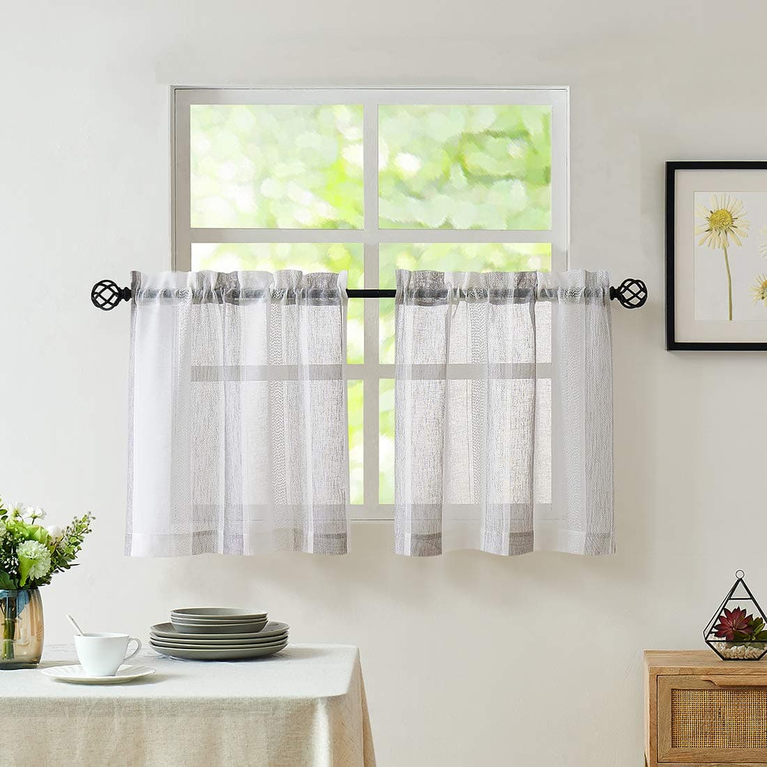 Central Park Gray and White Kitchen Window Curtain Tiers Vertical Stripe Sheer Boucle Linen Window Curtain, Living Room Decorative Rod Pocket Rustic Living 2 Panels (28" W x 45" L)