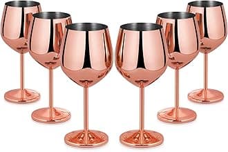 Lifecapido Stainless Steel Stem Wine Glasses Set of 6, 18oz Copper Wine Glasses, Stainless Steel Wine Goblets with Cup Brush for Party Office Wedding Anniversary, Great for Red White Wine(Rose Gold)