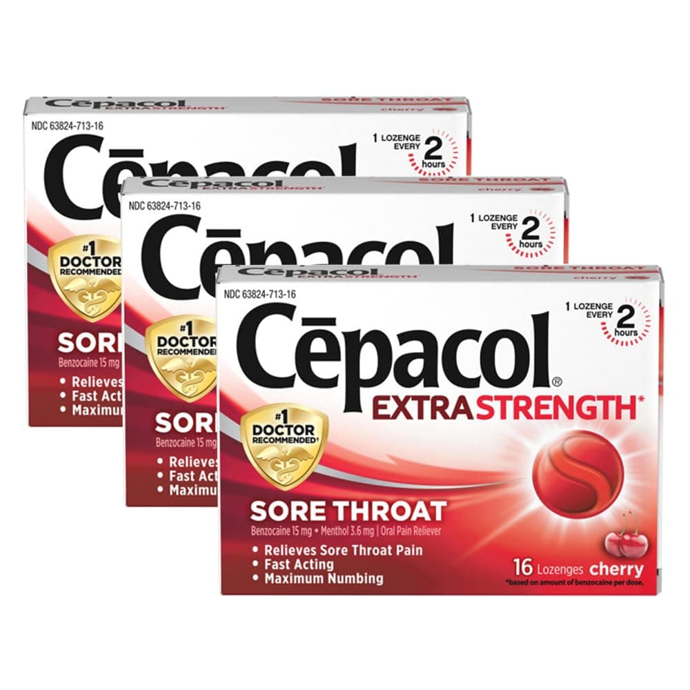 Extra Strength Sore Throat & Cough Relief Lozenges, 16 Count, Cherry Flavor, Maximum Numbing, Fast Acting Relieves Sore Throat Pain, and Quiets Cough (Pack of 3)