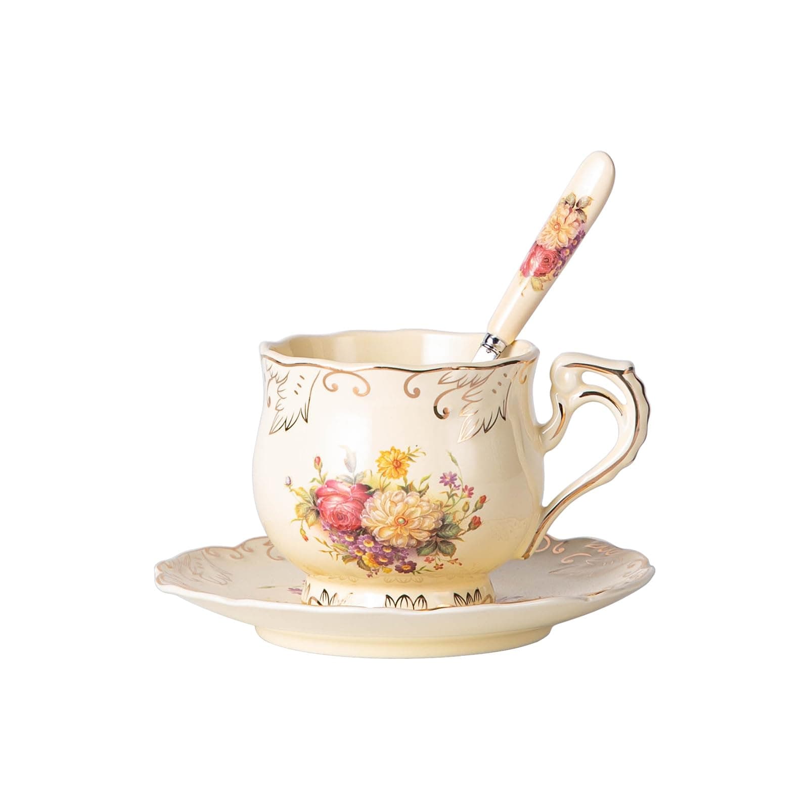 YOLIFE Tea Cup and Saucer Set, 8 oz Tea Cup Set, Teacup, Ceramic Tea Cup with Saucer Spoon, Ivory Vintage Flowering Shrubs with Gold Leaves Trim, Gifts for Women