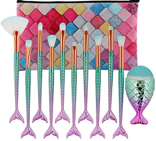 Eye Crown Synthetic Quality Good Makeup Brushes Set with Case Mermaid Shape 11 Pieces - Foundation Blush Face Concealer Eyeliner Shadow Cosmetics Brush Set