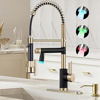 Smart Kitchen Faucet, 3 Modes Pull Down Sprayer, LED Temperature Control, Ceramic Valve,360-Degree Rotation,1 or 3 Hole Deck Plate, Double Spout. 10-Year Warranty.(Black/Brushed Gold,KW-21GR)