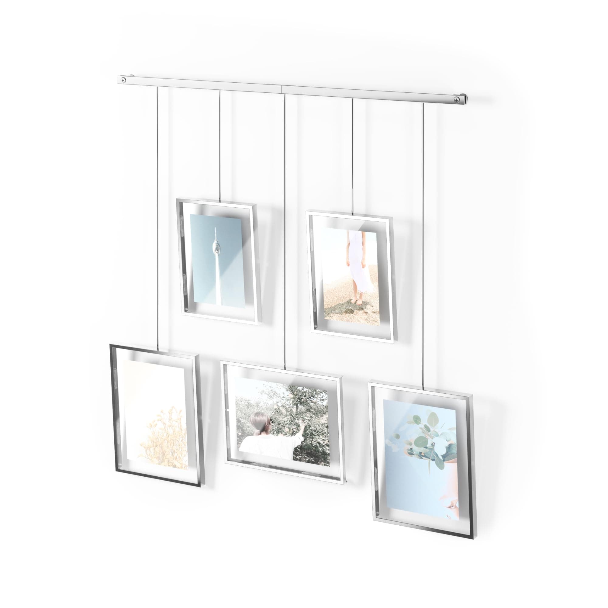 Exhibit Picture Frame Gallery Set, Adjustable Wall Collage Displays Five Photos (Two 4x6 and Three 5x7), Set of 5, Chrome