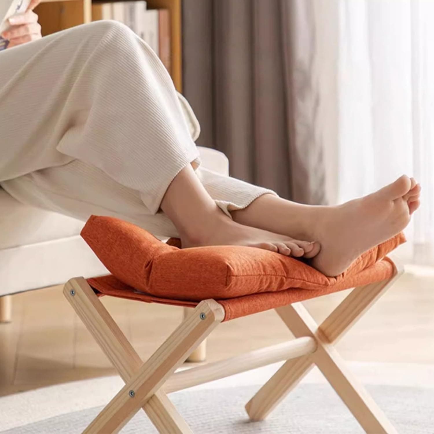 Folding Footrest Stool, Small Portable Bamboo Accent Ottoman, Footstool with Detachable Cotton Cushion Padded(Orange)