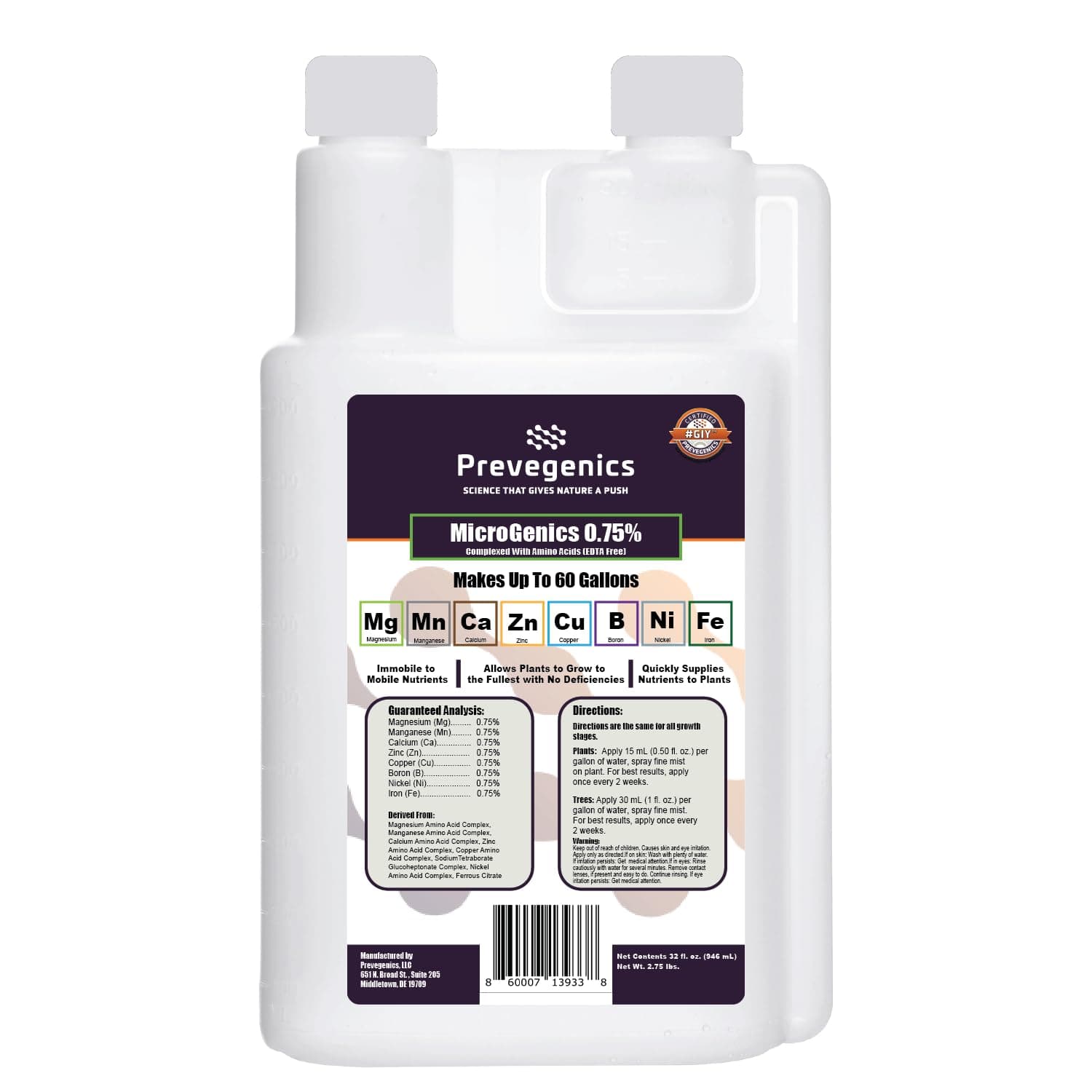 MicroGenics 0.75% | 32 fl. oz. | Contains .75% Magnesium, .75% Manganese, .75% Zinc, .75% Copper, .75% Boron, .75% Nickel and .75% Iron | Liquid Fertilizer | Makes up to 60 Gallons