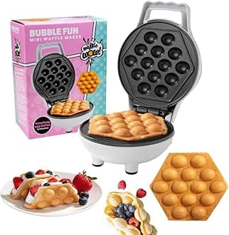 Bubble Mini Waffle Maker- Breakfast Fun w Tiny Hong Kong Egg Style Design, 4" Individual Waffler Iron, Electric NonStick Baker w Recipes- Ice Cream Treat Dessert, Dorm Essential, Easter Basket Stuffer