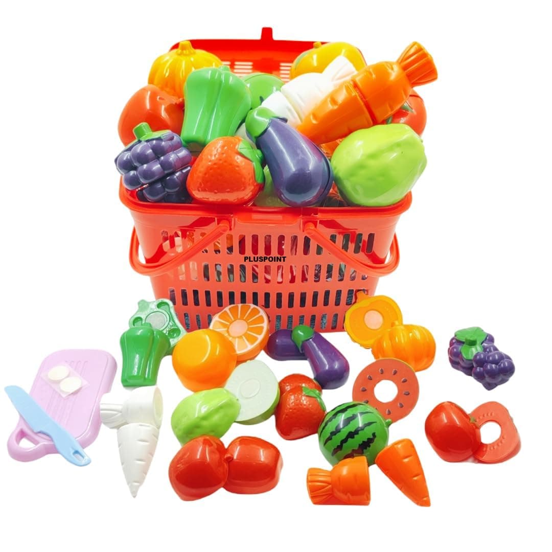 PLUSPOINT 15 Pcs Fruit & Vegetable Cutting Toy Set with Basket | Sliceable Pretend Play Kitchen Toys for Kids | Learning Toy with Knife & Cutting Board for Boys & Girls