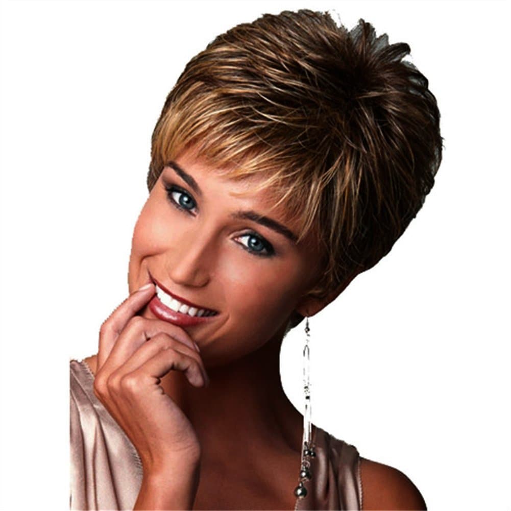 DEYSSNE Pixie Cut Wig Brown Mixed Golden Blonde Highlights Synthetic Haircut Layered with Bangs Wig for Women