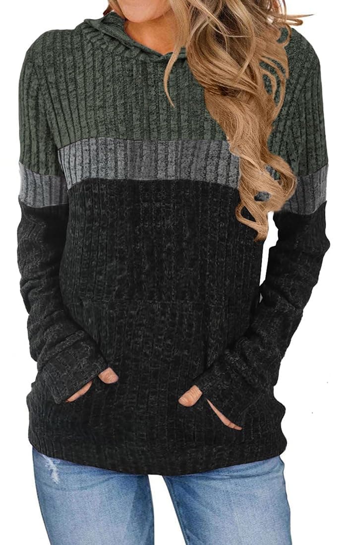 – Women's Casual Hoodie Hooded Sweatshirt Color Block Patchwork Pullover with Raglan Sleeve Pockets Top
