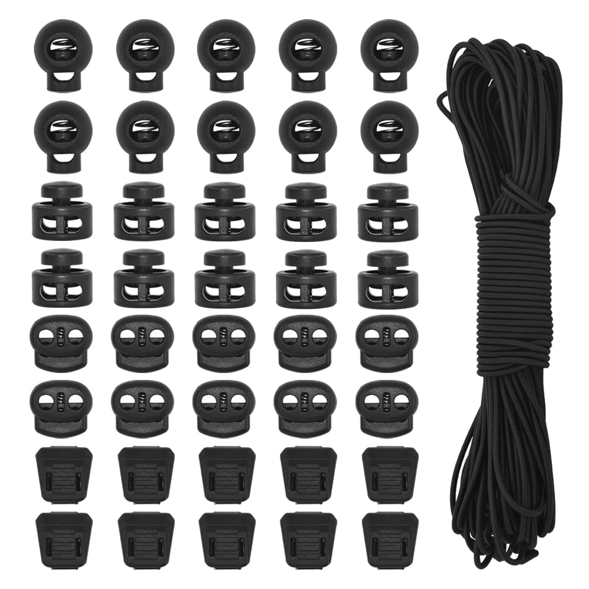 HDST-HOME 40Pcs Plastic Cord Locks 3 Types and 1/8 Inch 65ft Elastic Cord Spring Toggle Stopper End Cord Stopper Slider Cord Fastener for Drawstring Shoelaces Clothing Backpack Bags