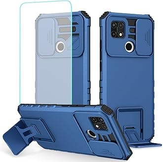 Case for Oppo A15 Case, Oppo A15S CPH2185 CPH2179 Case with Tempered Glass Screen Protector and Slide Camera Cover, Heavy Duty Kickstand Slim Protective Phone Cover for Oppo A15 Blue