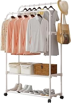 Beauenty Clothes Rack, Clothes Drying Stand, Coat Rack, Sturdy Rolling Clothing Rack with Wheels, Multifunctional Metal Garment Rack with 2-Tier Shelf, (White Large)