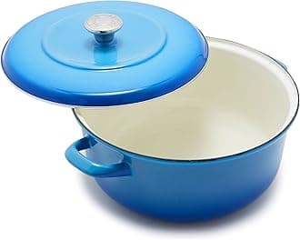 5.3QT Round Dutch Oven Casserole Pot with Lid, European Crafted Enameled Iron Stockpot, Induction & All Cooktops, Braising, Stews, Roasting, Slow Cooking, Sourdough, Caribbean Blue