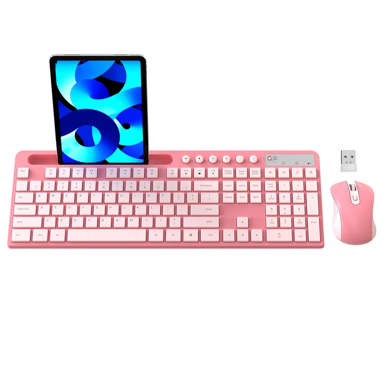 MARVO Wireless Keyboard and Mouse Combo, 2.4G Ergonomic Wireless Computer Keyboard with Phone Tablet Holder, Silent Mouse with 6 Button, Compatible with MacBook, Windows (Sakura Pink)