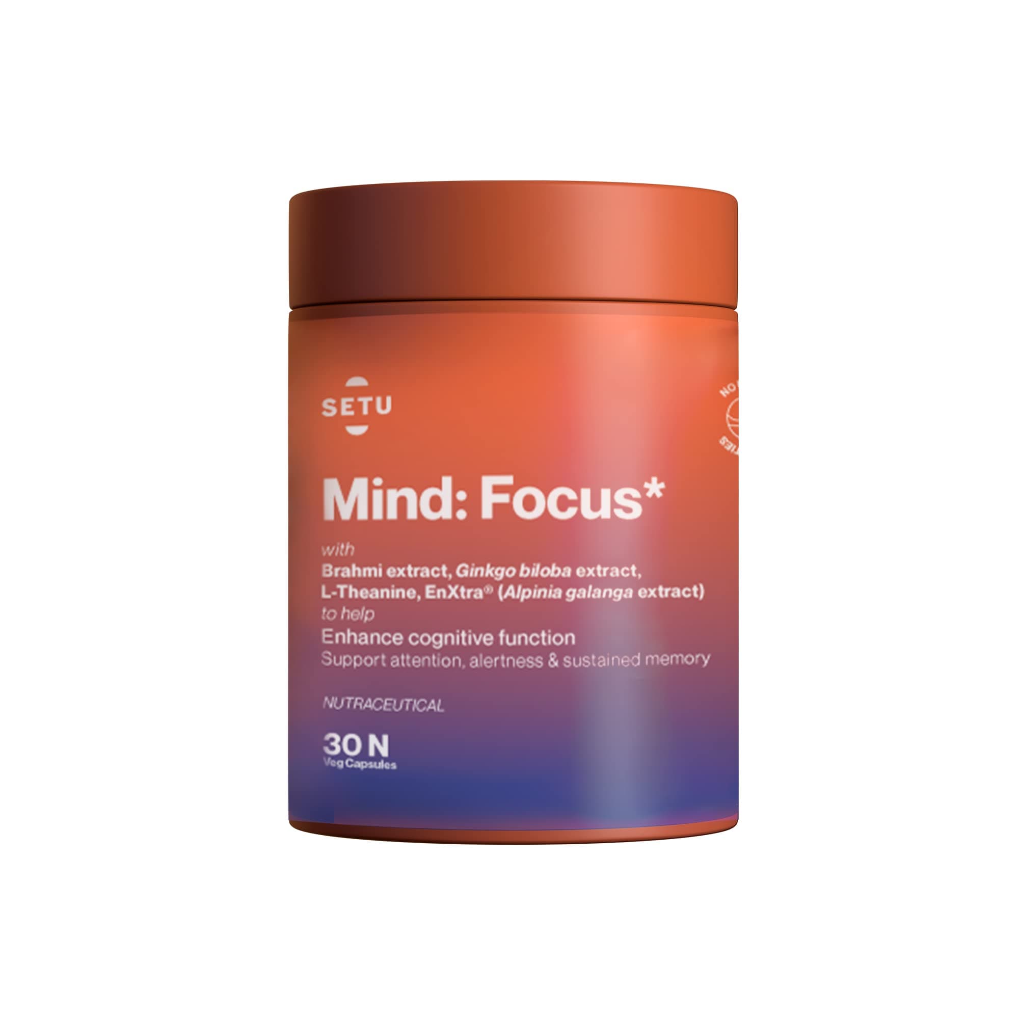 Setu Mind Focus Capsules - 30 Caps (Pack of 1) L-Theanine, Brahmi & Ginkgo Biloba, Brain Booster - Helps Improve Focus, Alertness