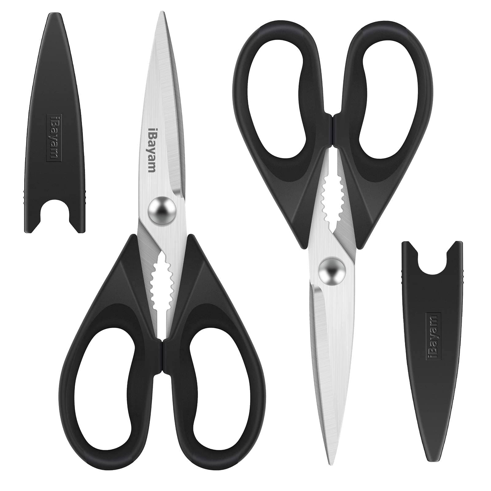 iBayam Black Kitchen Scissors - Heavy Duty Meat & Poultry Shears, Dishwasher Safe Stainless Steel Utility Scissors, 2-Pack Black Kitchen Utensils Set for New Home Essentials